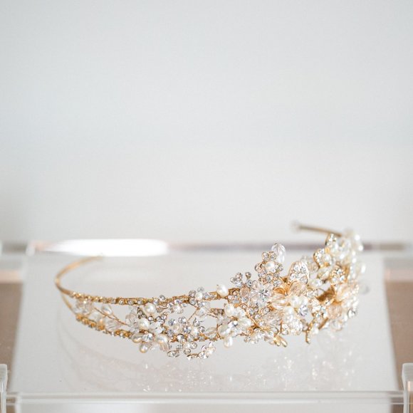 Bridal Accessories - Wedding Headband Crystal Pearl Antique Gold Bride